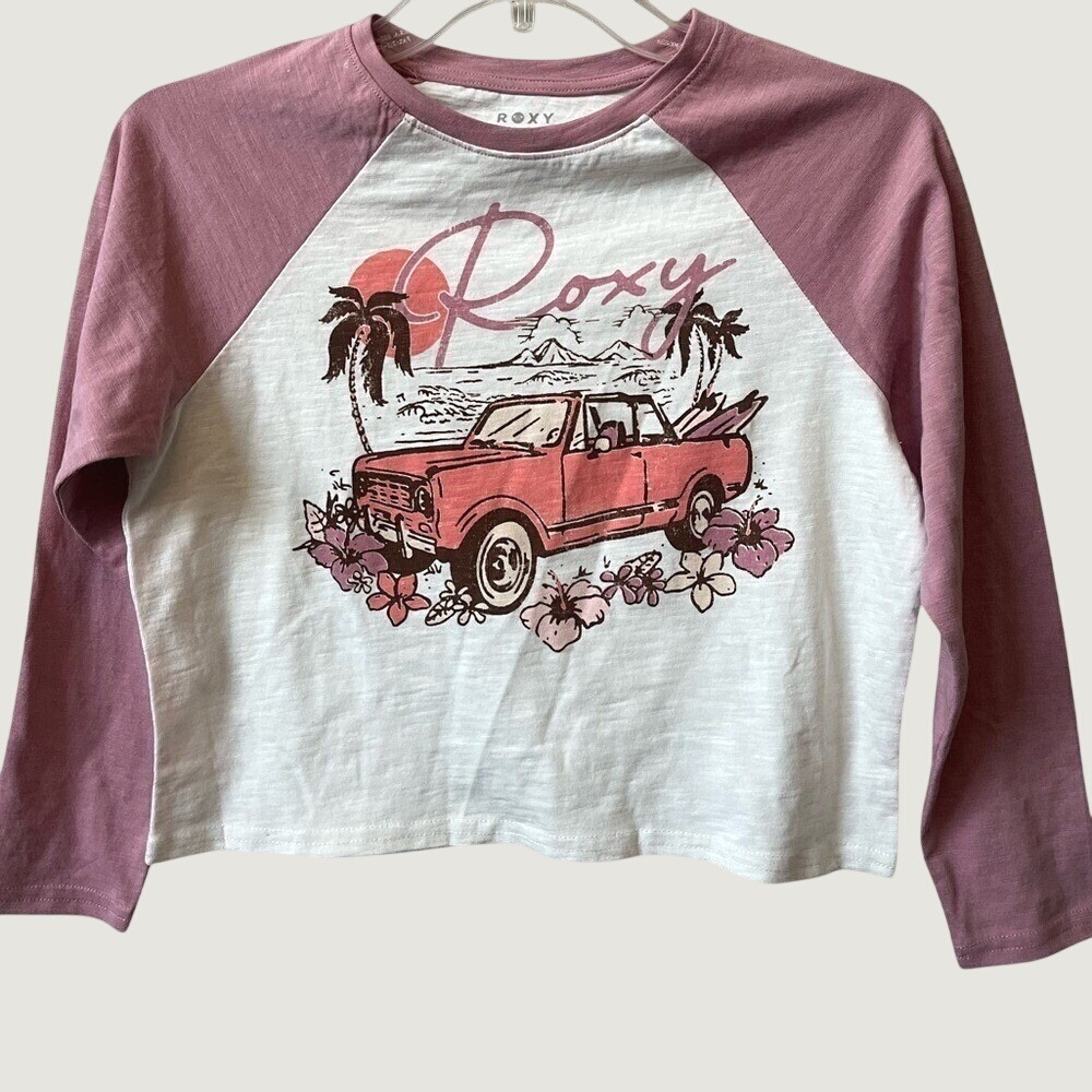 Roxy Long Sleeve Graphic T Shirt Girls Medium Pink White Tropical Retro NWOT